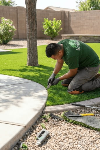 Precision cutting artificial turf installation