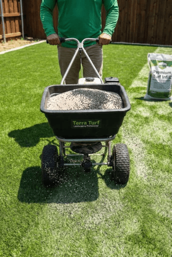 Turf infill spreading machine process