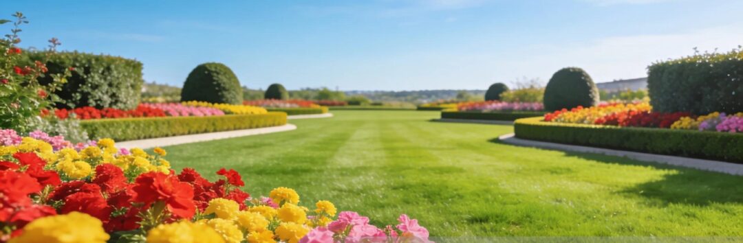 Vibrant commercial landscape showing lush greenery and colorful flower beds