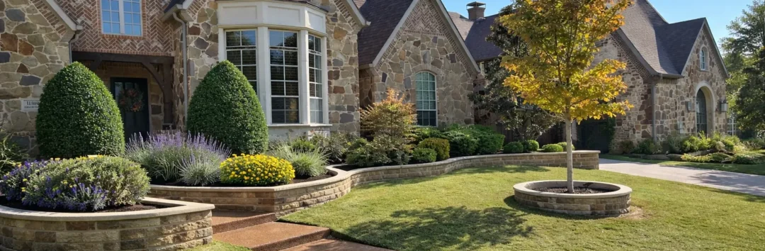 Stylish stone house with landscaped yard and colorful flowers