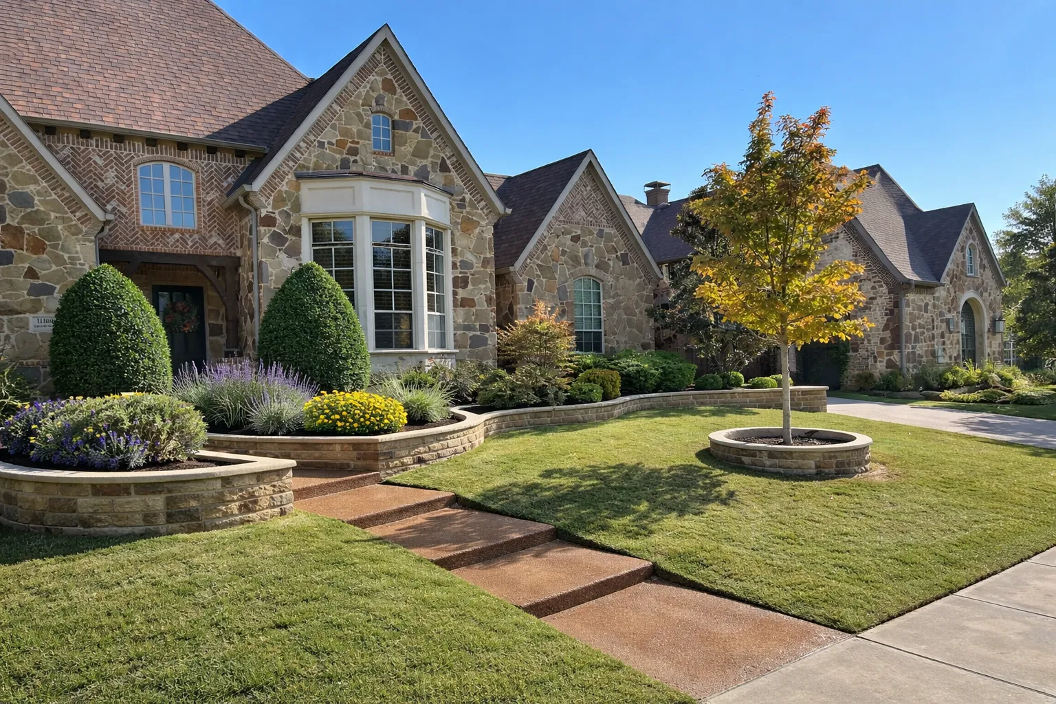 Stylish stone house with landscaped yard and colorful flowers