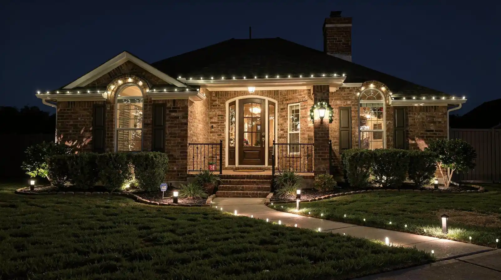 Simple bulbs strung along a roofline or porch rail turn a plain North Texas facade
